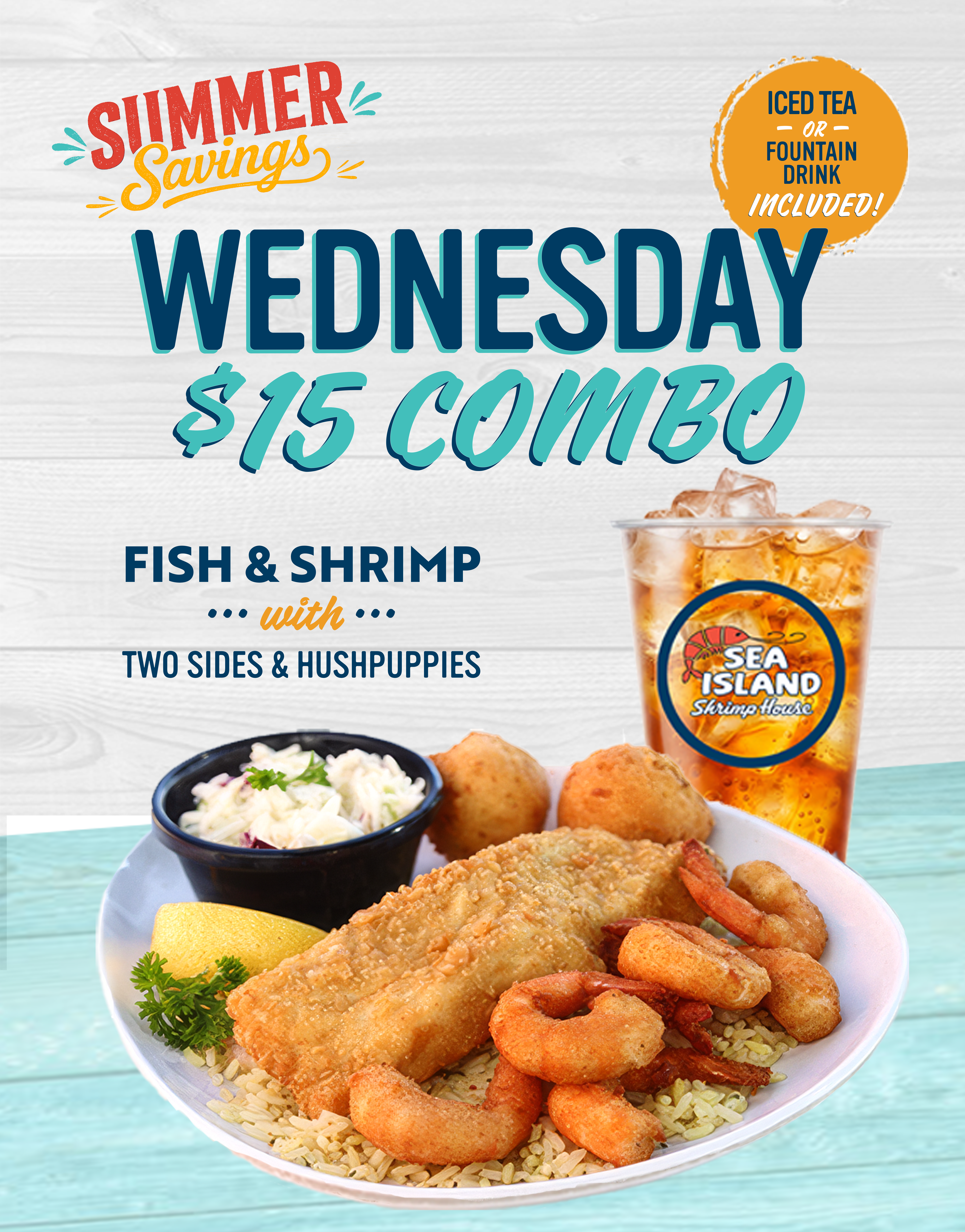 Seafood combo with an iced tea or fountain drink for $15